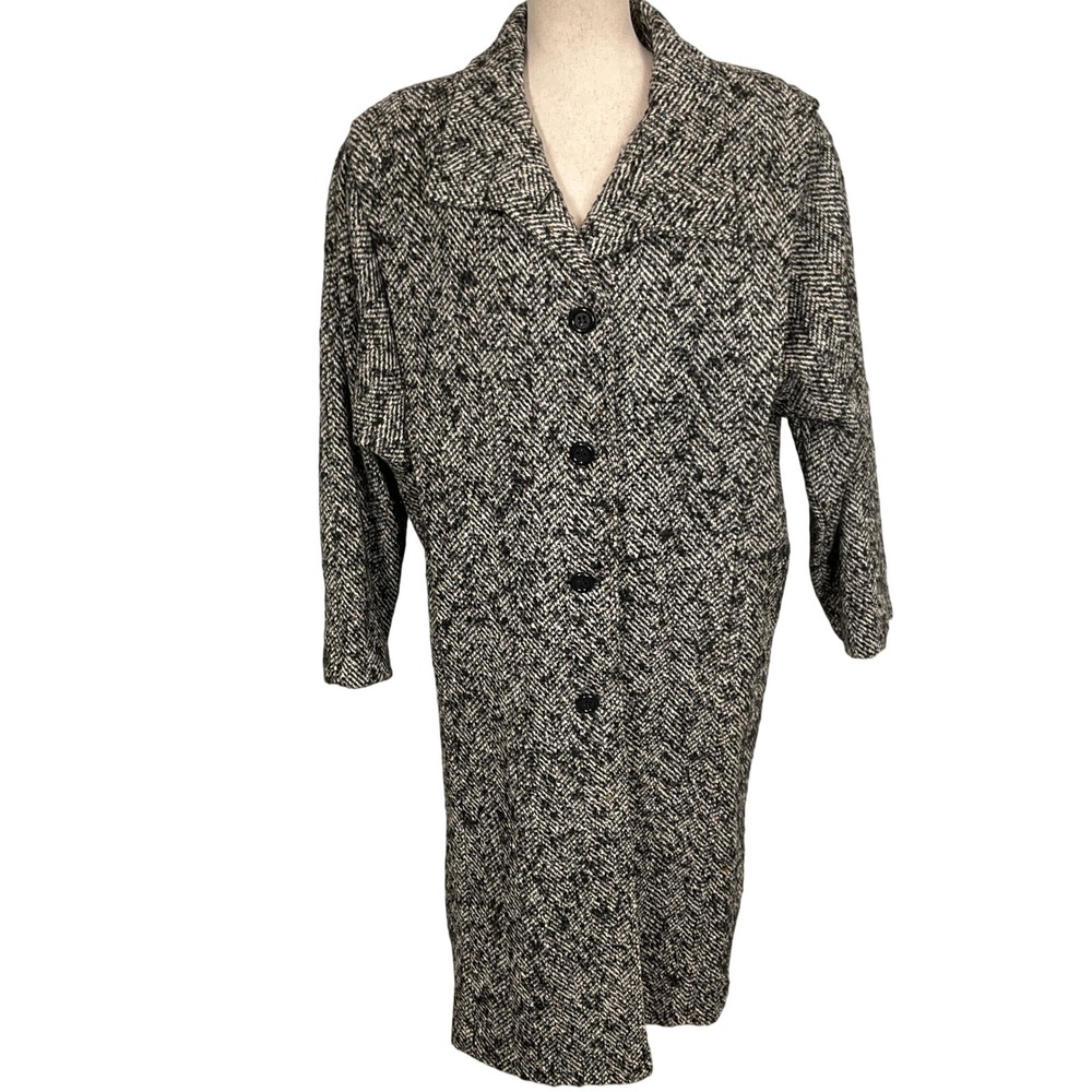 Learsi Overcoat Womens 13 Black White Multi Herringbone Tweed Retro 90s VTG USA